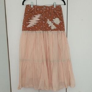 Tiered Maxi Skirt with Rust Floral Waistband and Pale Pink Tiers